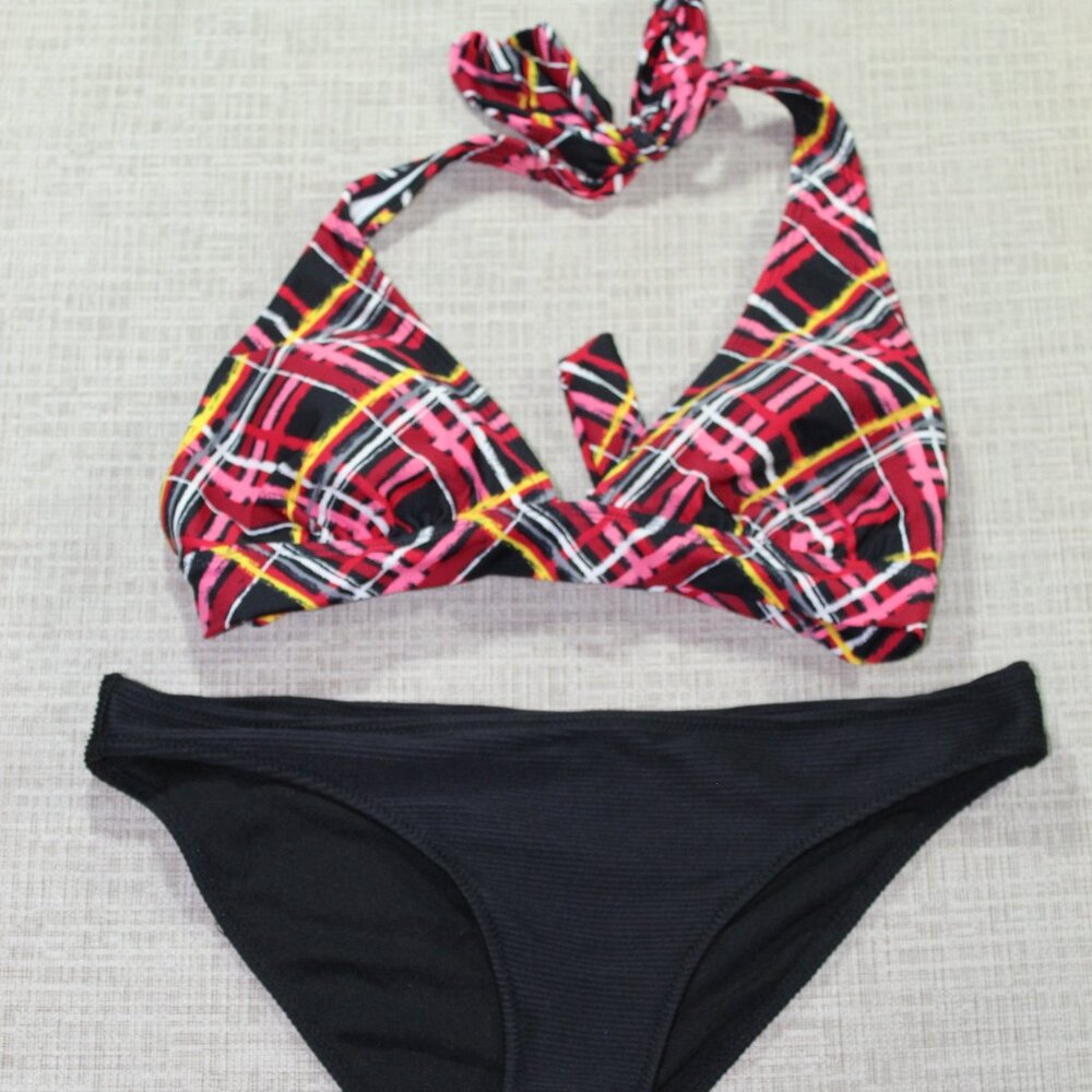 Catalina Vibrant Black, Red, Pink Halter Top Bikini with H&M Black Bottom